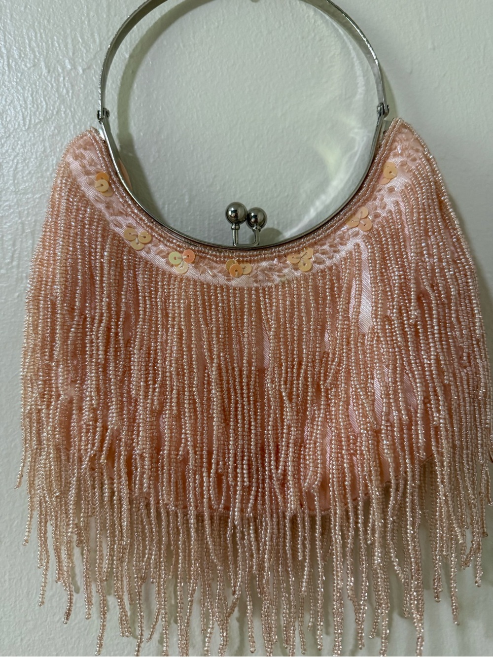Vintage Peach Beaded Fringe Evening Bag clutch - Unbranded